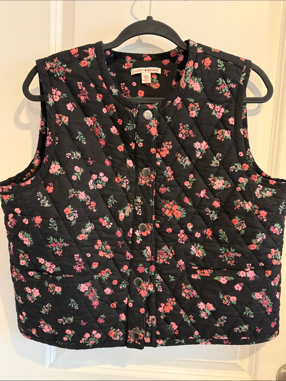 Lucky Brand Black Quilted Floral Snap Vest